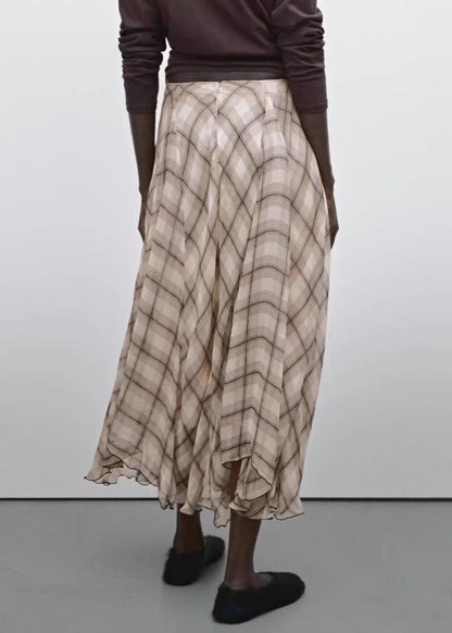 Brown Plaid High Waist Maxi Skirts Spring