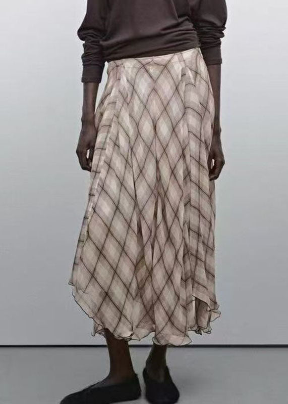 Brown Plaid High Waist Maxi Skirts Spring