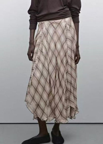 Brown Plaid High Waist Maxi Skirts Spring