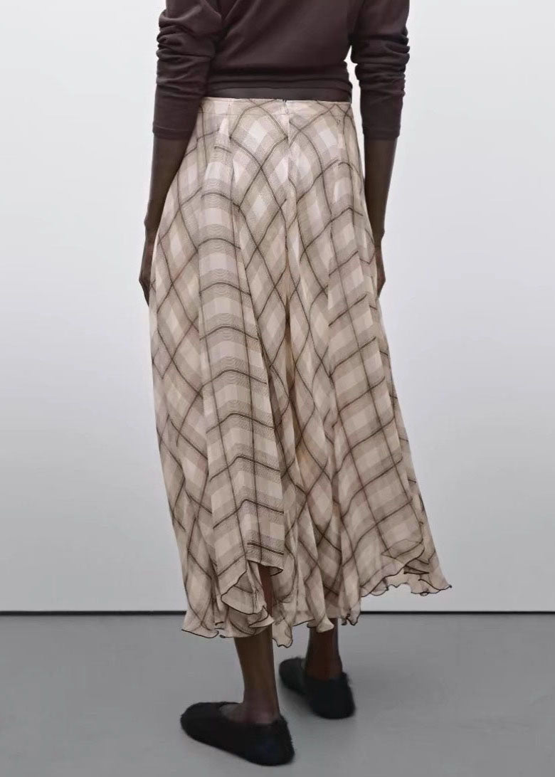 Brown Plaid High Waist Maxi Skirts Spring