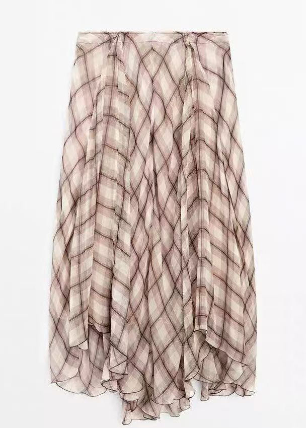 Brown Plaid High Waist Maxi Skirts Spring