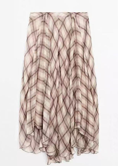 Brown Plaid High Waist Maxi Skirts Spring