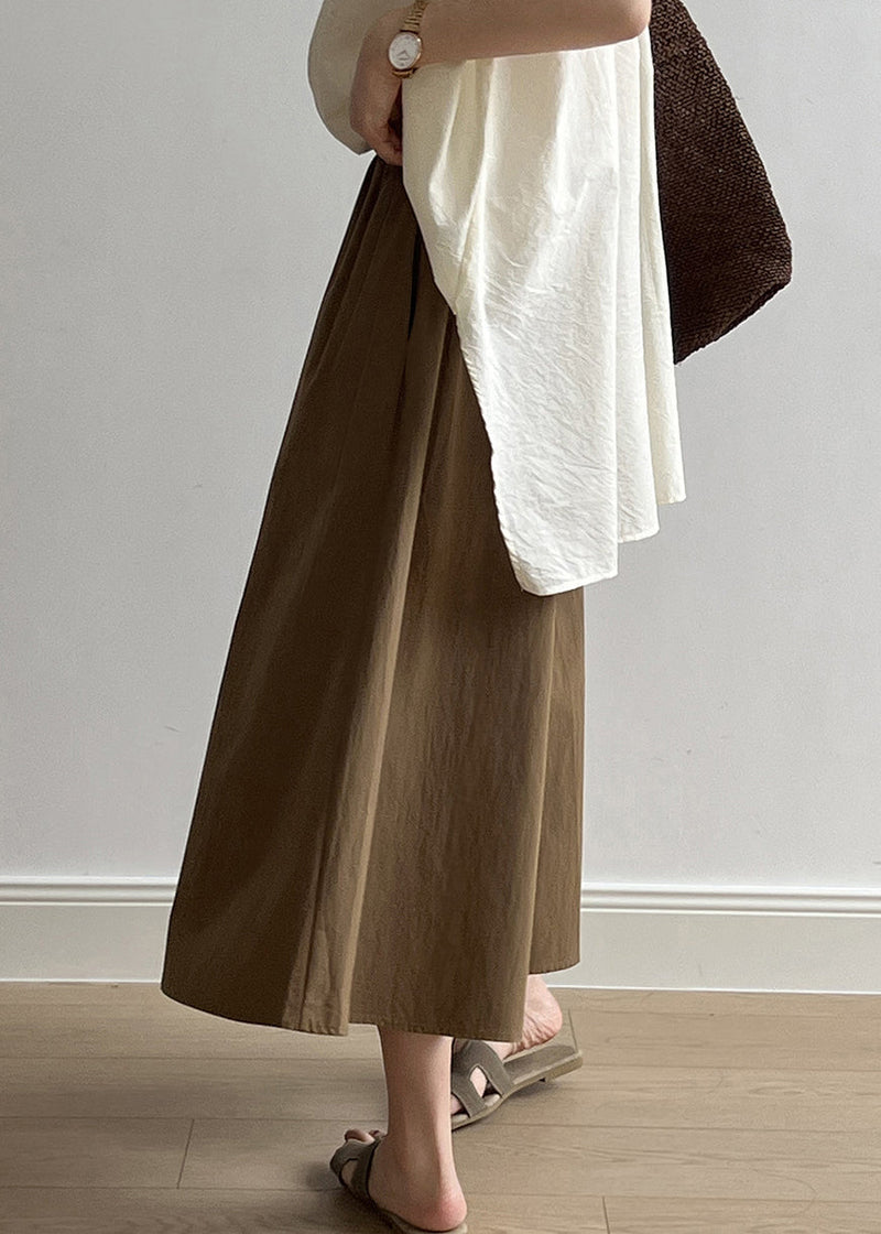 Brown Pockets Elastic Waist Cotton Crop Wide Leg Pants Summer