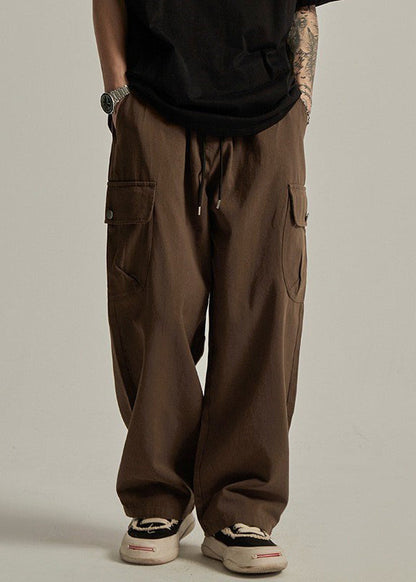 Brown Pockets Elastic Waist Cotton Pants Summer