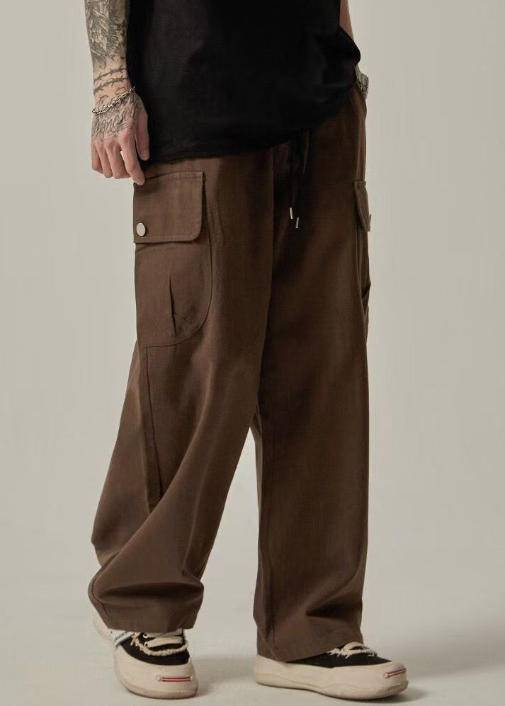 Brown Pockets Elastic Waist Cotton Pants Summer