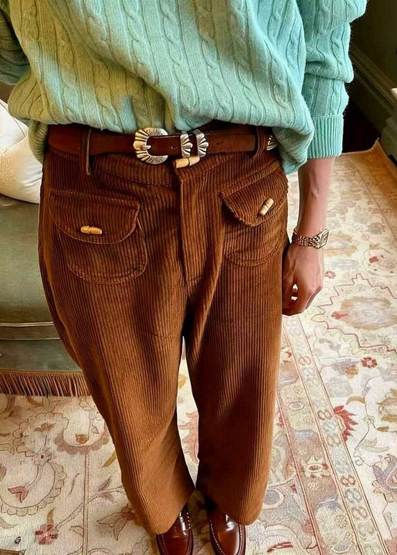 Brown Pockets High Waist Corduroy Pants Spring