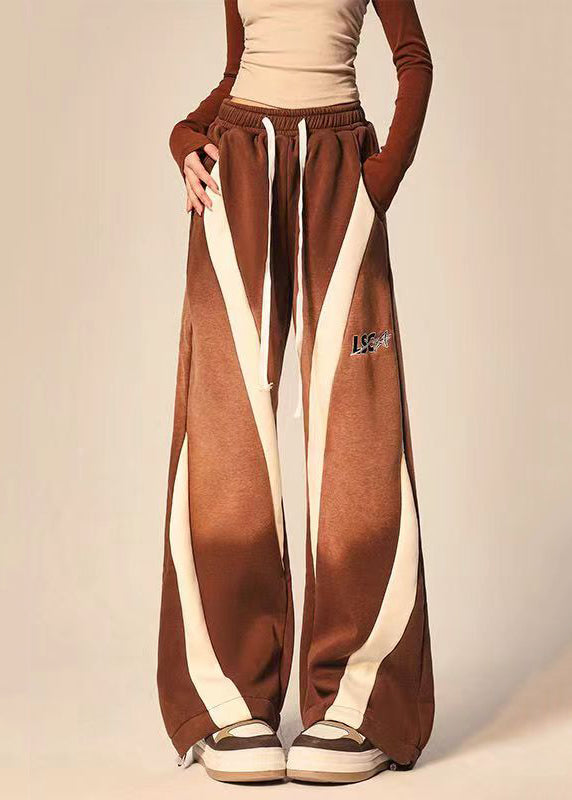 Brown Pockets Patchwork Elastic Waist Warm Fleece Wide Leg Pants Spring