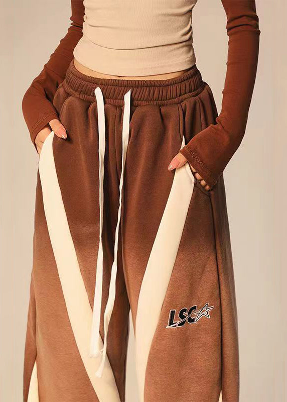 Brown Pockets Patchwork Elastic Waist Warm Fleece Wide Leg Pants Spring
