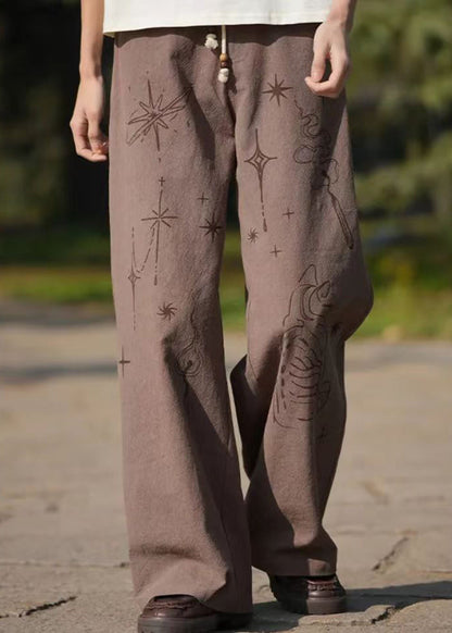 Brown Print Lace Up High Waist Cotton Pants Summer