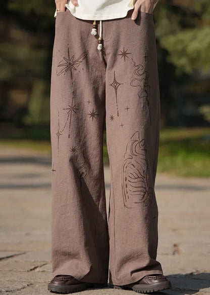Brown Print Lace Up High Waist Cotton Pants Summer