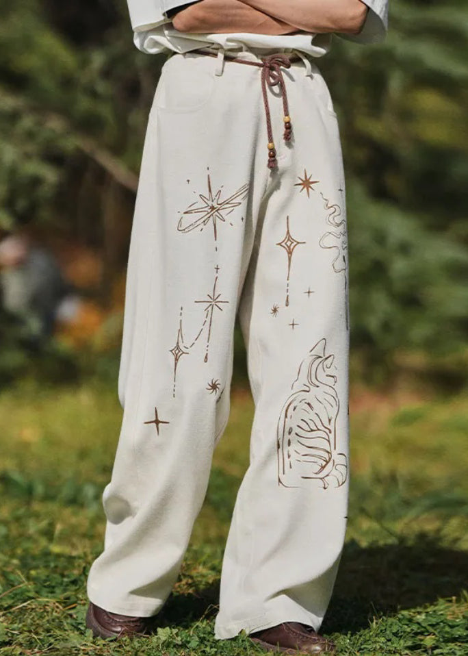 Brown Print Lace Up High Waist Cotton Pants Summer