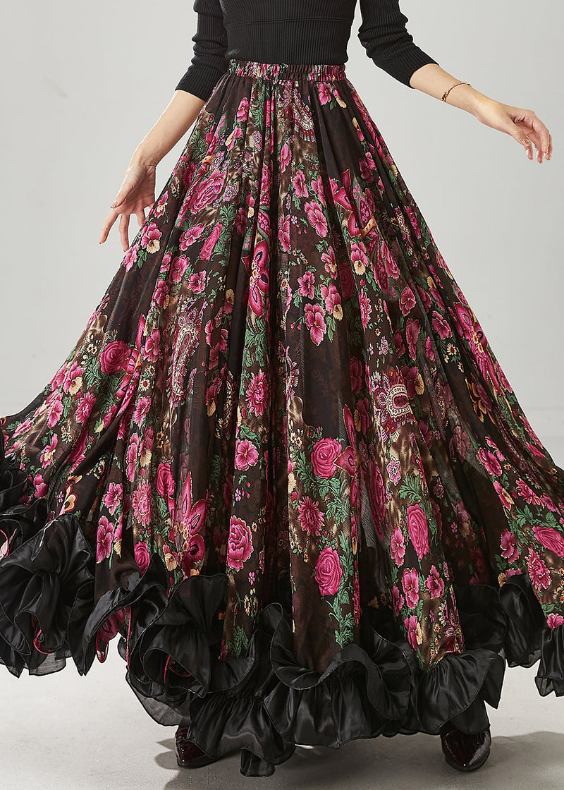 Brown Ruffled Print Exra Large Hem Chiffon Skirts Spring