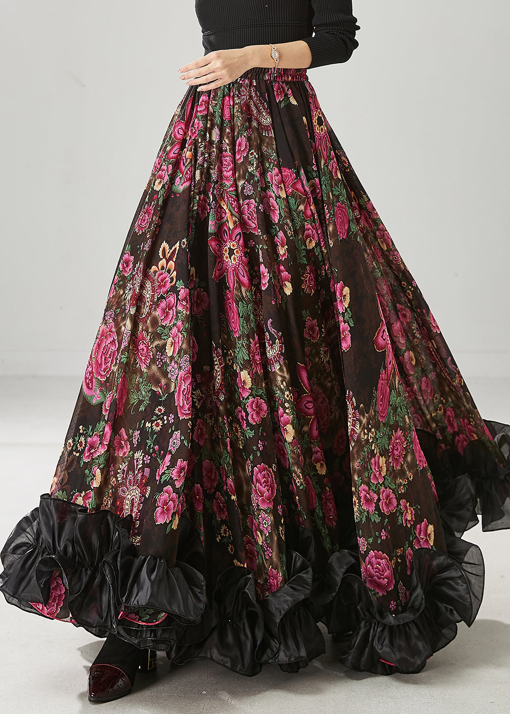 Brown Ruffled Print Exra Large Hem Chiffon Skirts Spring