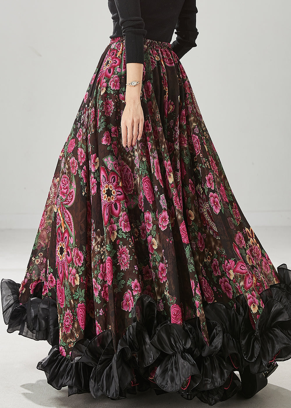 Brown Ruffled Print Exra Large Hem Chiffon Skirts Spring