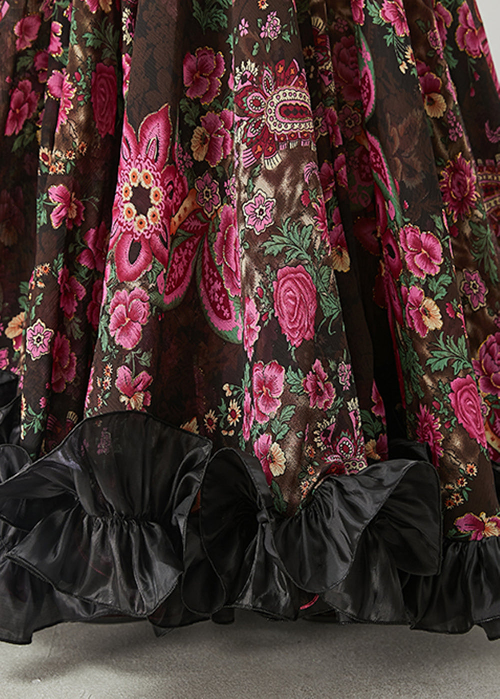 Brown Ruffled Print Exra Large Hem Chiffon Skirts Spring