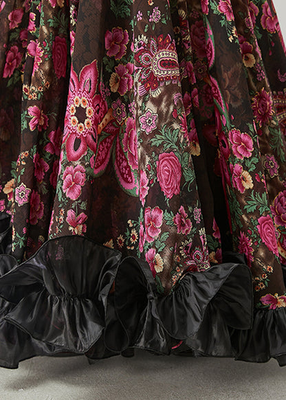 Brown Ruffled Print Exra Large Hem Chiffon Skirts Spring
