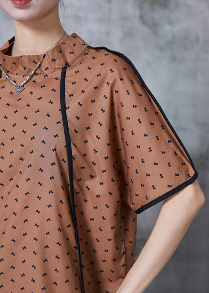 Brown Stand Collar Print Cotton Tanks Summer