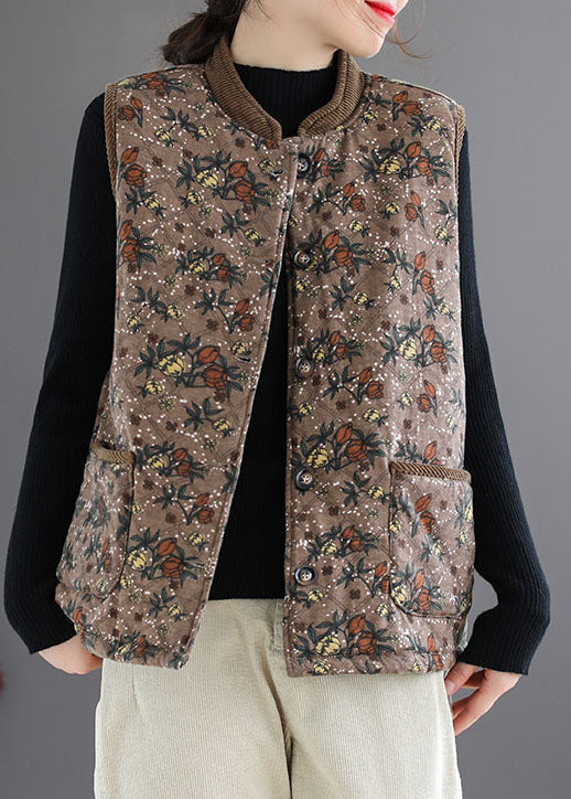 Brown Stand Collar Print Fine Cotton Filled Vest Sleeveless