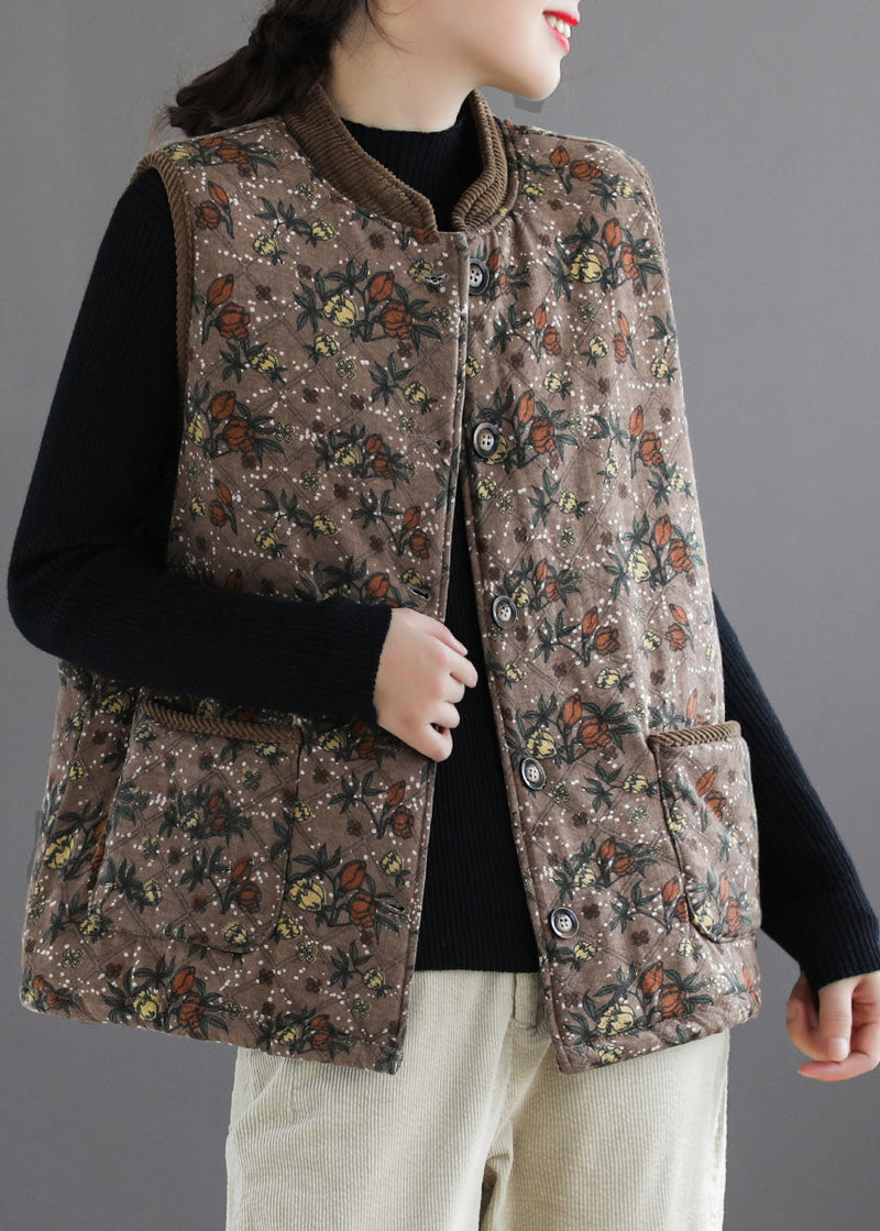 Brown Stand Collar Print Fine Cotton Filled Vest Sleeveless