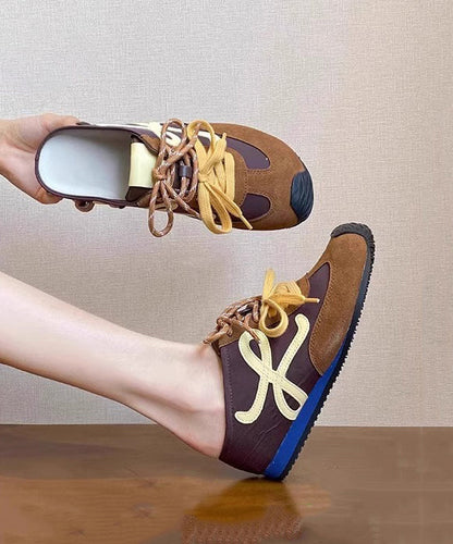 Brown Suede Splicing Slide Sandals Lace Up