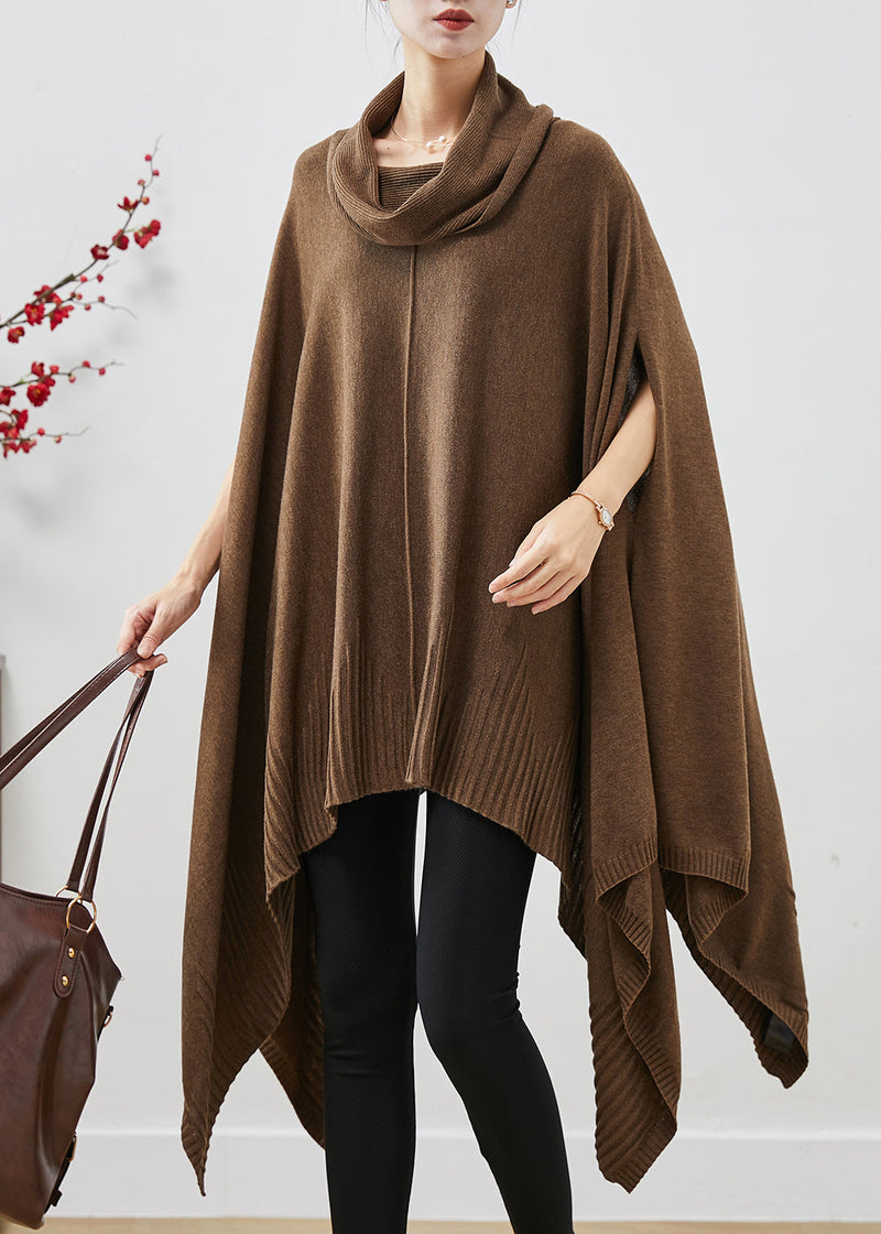 Brown Turtle Neck Asymmetrical Exra Large Hem Knit Sweater Dress Cloak Sleeves