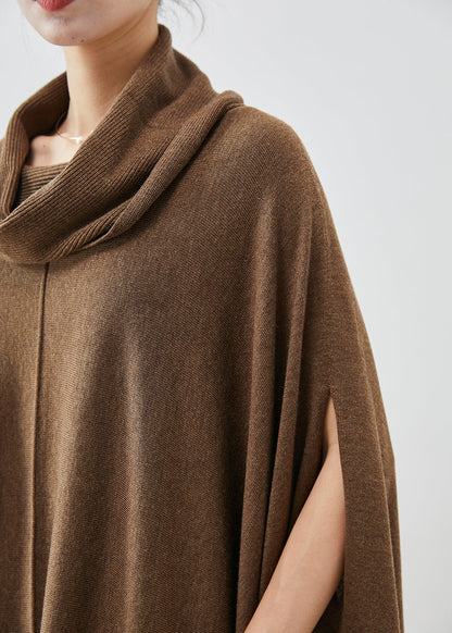 Brown Turtle Neck Asymmetrical Exra Large Hem Knit Sweater Dress Cloak Sleeves