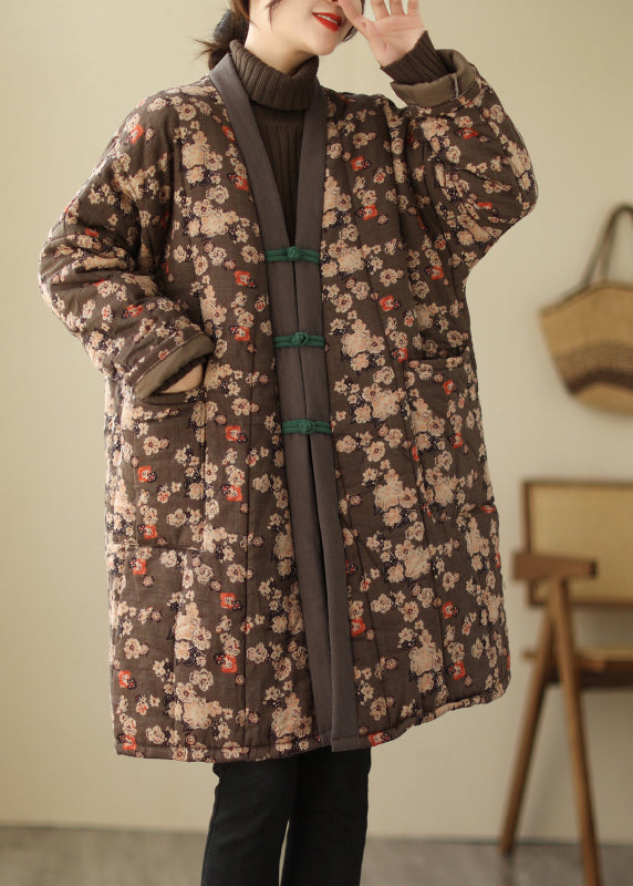 Brown V Neck Print Warm Fleece Thick Long Parka Long Sleeve