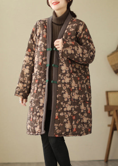 Brown V Neck Print Warm Fleece Thick Long Parka Long Sleeve