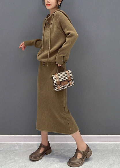 Brown Zippered Hooded Knit Sweaters and Maxi Skirts Two Piece Set Winter