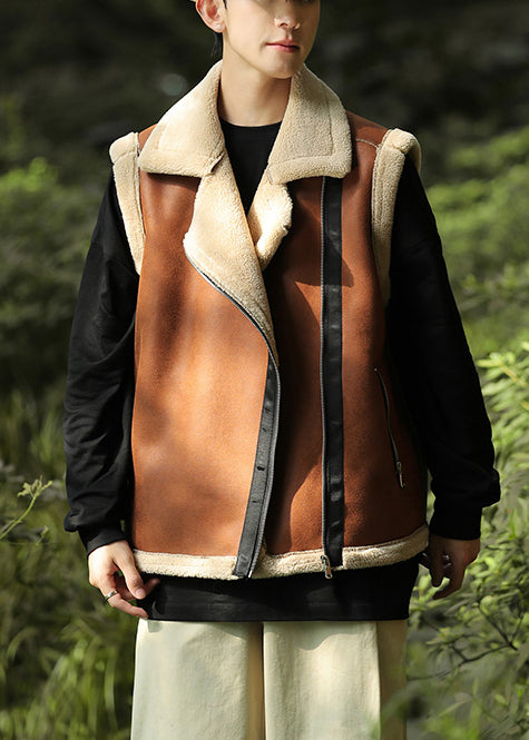 Brown Zippered Warm Fleece Faux Suede Vests Spring