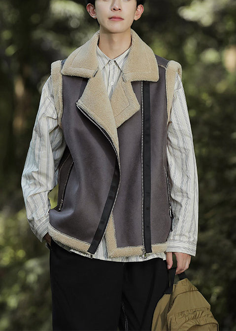Brown Zippered Warm Fleece Faux Suede Vests Spring