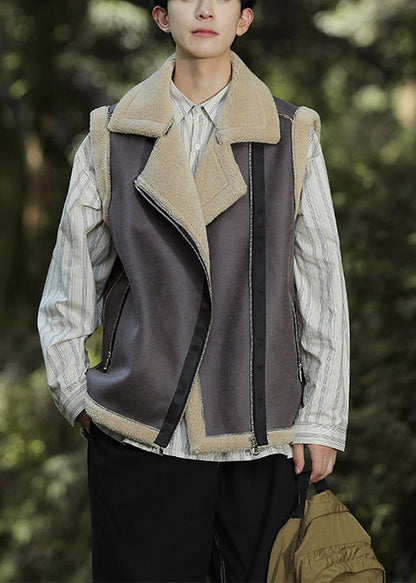 Brown Zippered Warm Fleece Faux Suede Vests Spring