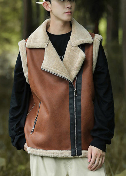 Brown Zippered Warm Fleece Faux Suede Vests Spring