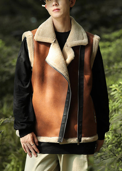 Brown Zippered Warm Fleece Faux Suede Vests Spring
