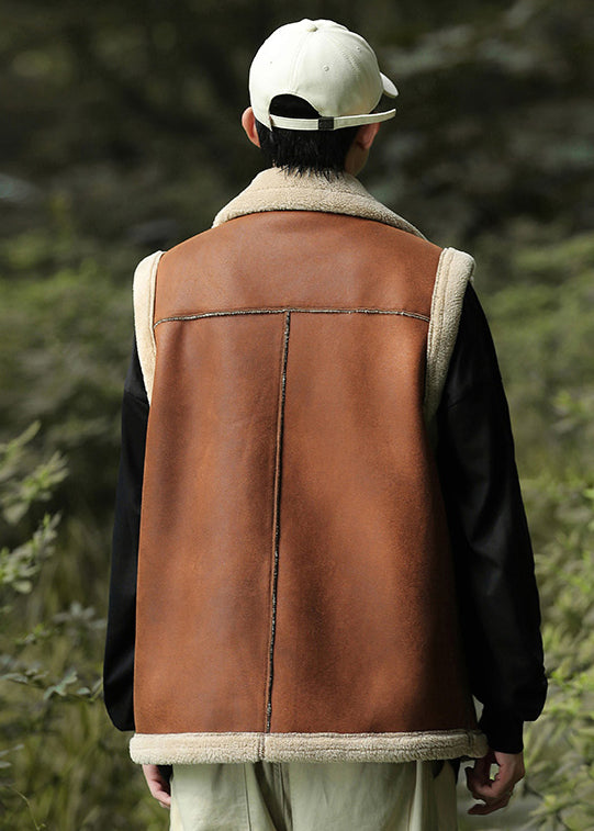 Brown Zippered Warm Fleece Faux Suede Vests Spring