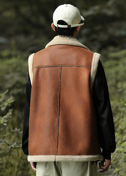 Brown Zippered Warm Fleece Faux Suede Vests Spring