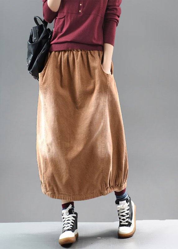 Brown Elastic Waist Corduroy Cotton Skirt Spring