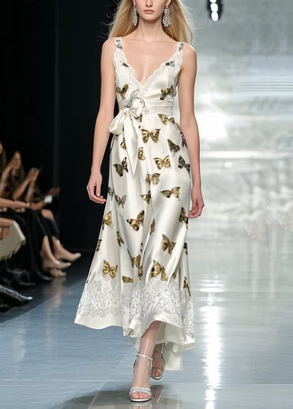 Butterfly Print Draping Silk Bow Dresses Summer