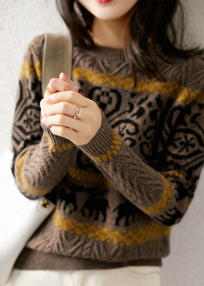 Camel O-neck Thick Print Knit Sweaters Long Sleeve