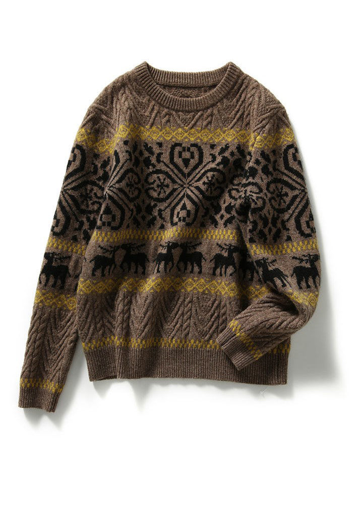 Camel O-neck Thick Print Knit Sweaters Long Sleeve
