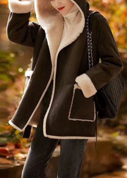 Camel Patchwork Sashes Warm Fleece Wooled Blended Hooded Coat Winter