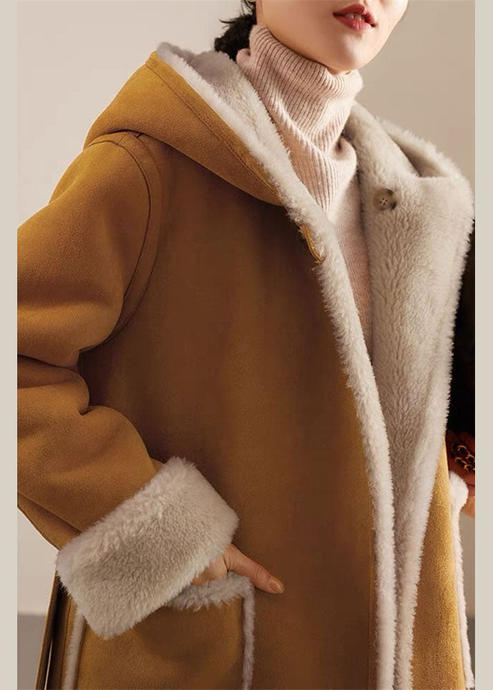 Camel Patchwork Sashes Warm Fleece Wooled Blended Hooded Coat Winter