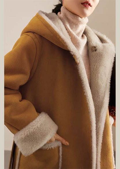 Camel Patchwork Sashes Warm Fleece Wooled Blended Hooded Coat Winter