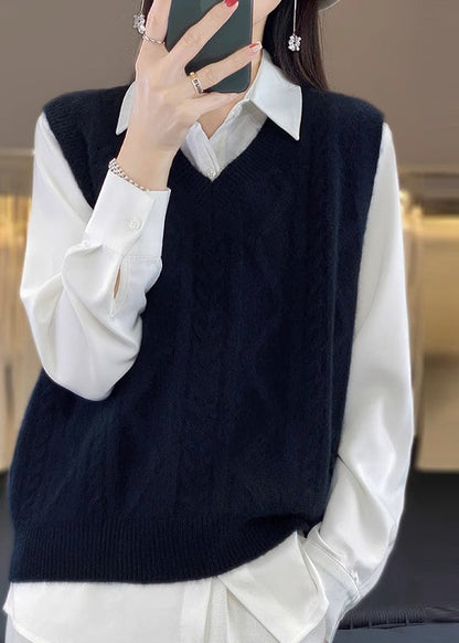 Camel V Neck Thick Cable Wool Knit Waistcoat Fall