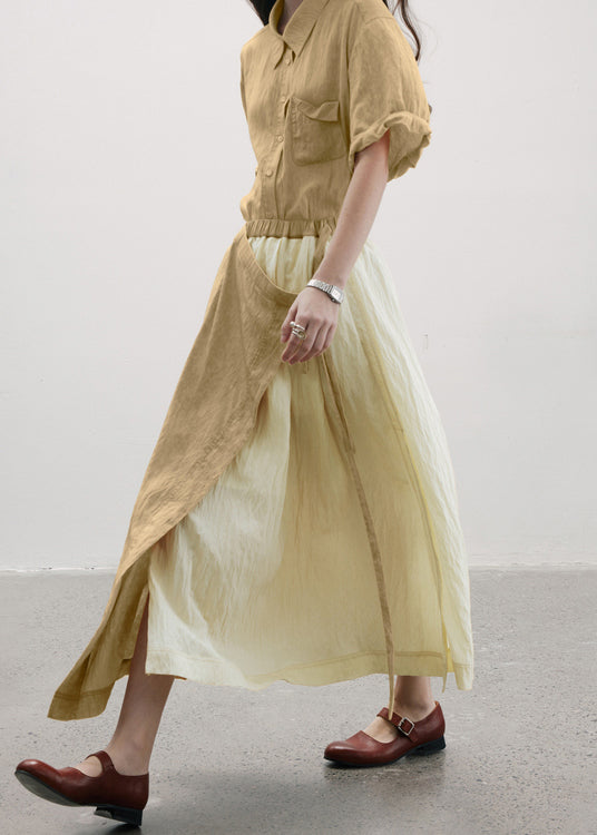 Camel Wrinkled Asymmetrical Patchwork Cotton Skirt Summer