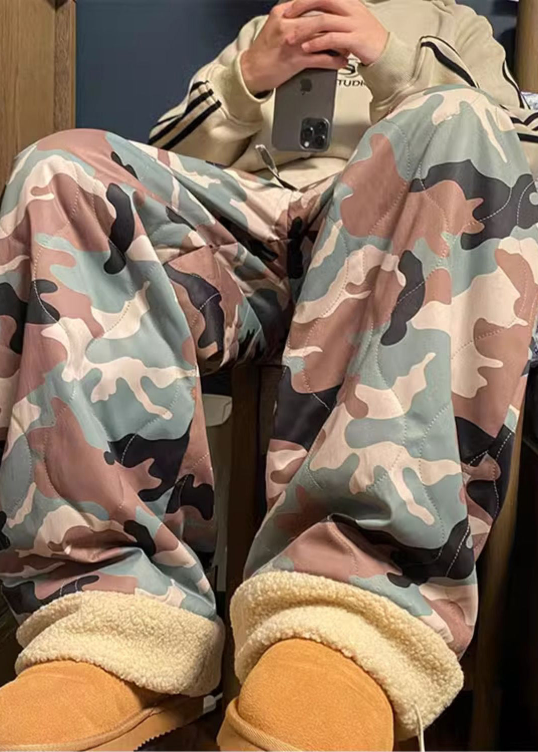Camouflage Elastic Waist Patchwork Warm Fleece Pants Winter