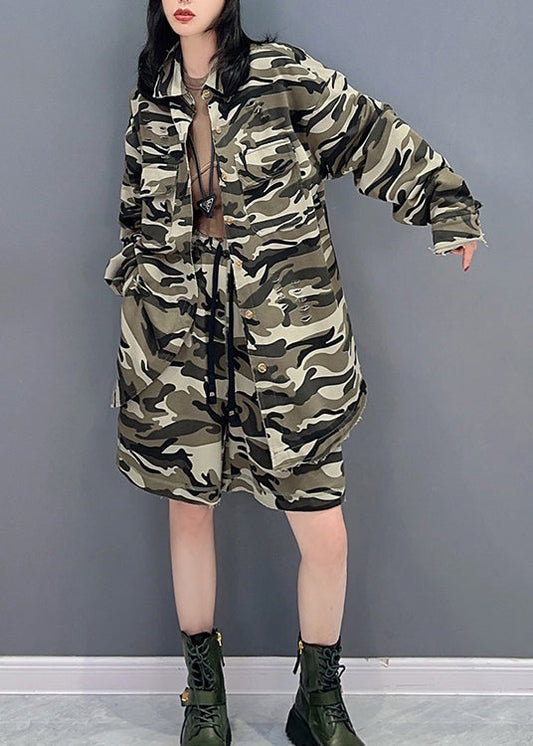 Camouflage Peter Pan Collar Zippered Print Coats and Shorts Two Pieces Set Spring