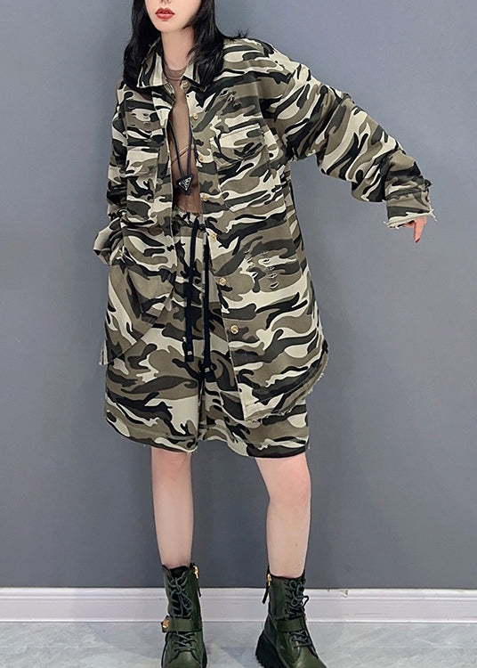 Camouflage Peter Pan Collar Zippered Print Coats and Shorts Two Pieces Set Spring