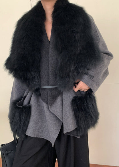 Caramel Fox Collar Tie Waist Woolen Coats Spring