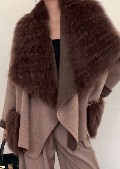 Caramel Fox Collar Tie Waist Woolen Coats Spring